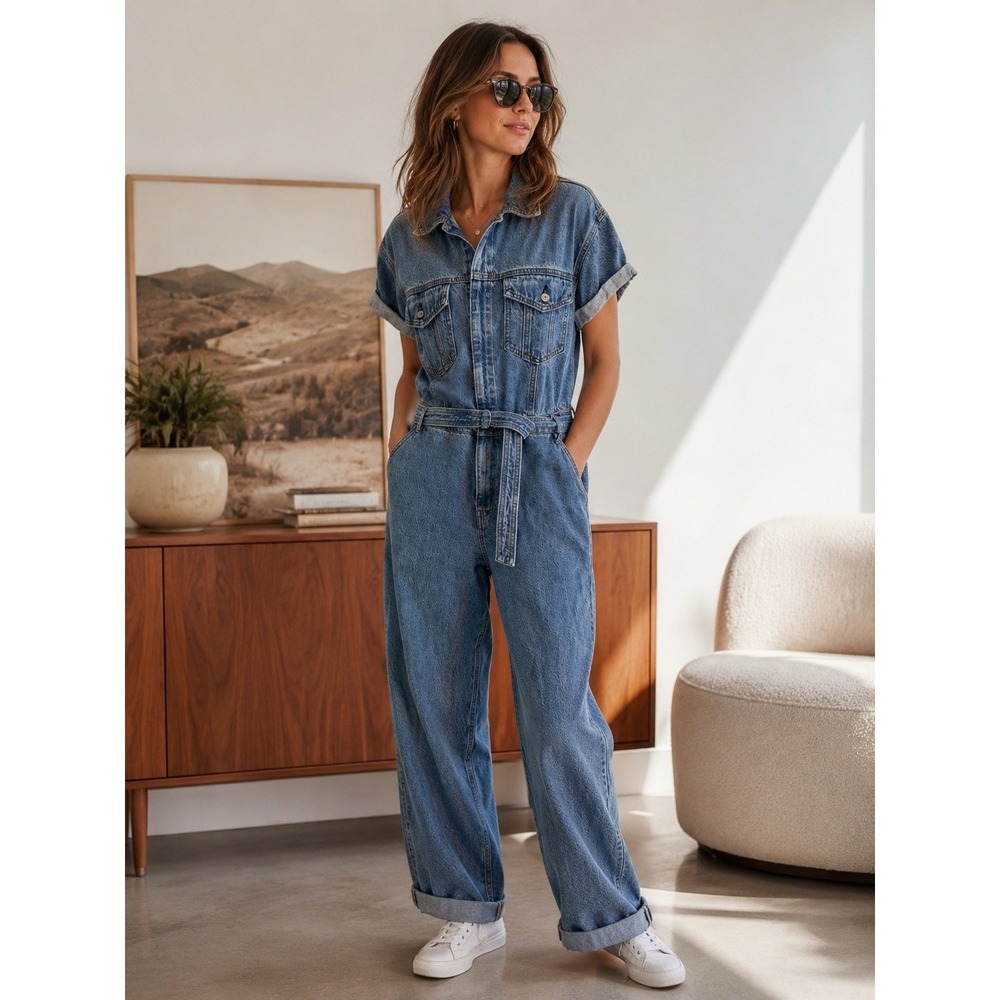 NWT‎ Abercrombie & Fitch 90s Denim Jumpsuit L Relaxed Wide Leg Utility Coverall